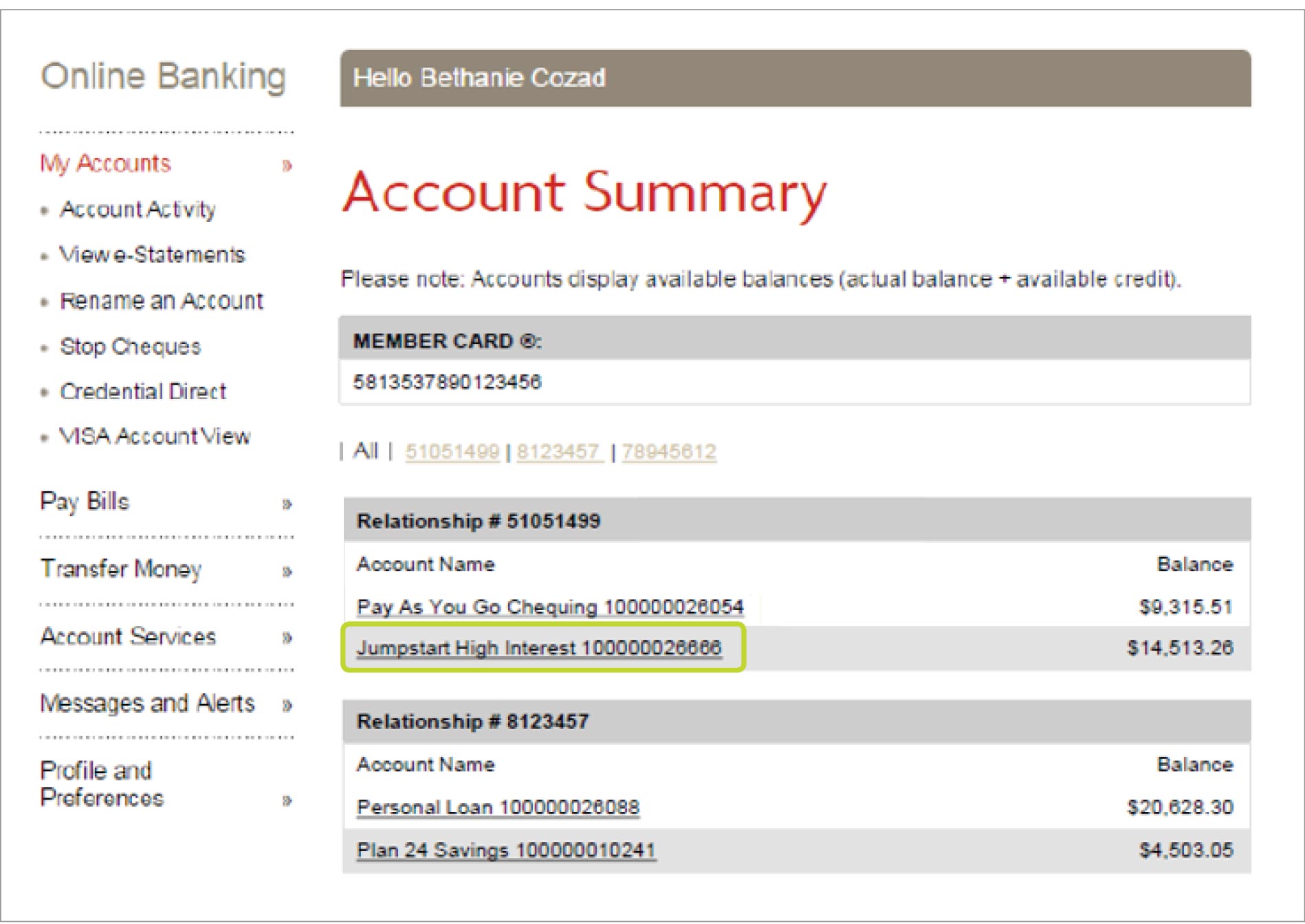 Online banking desktop view